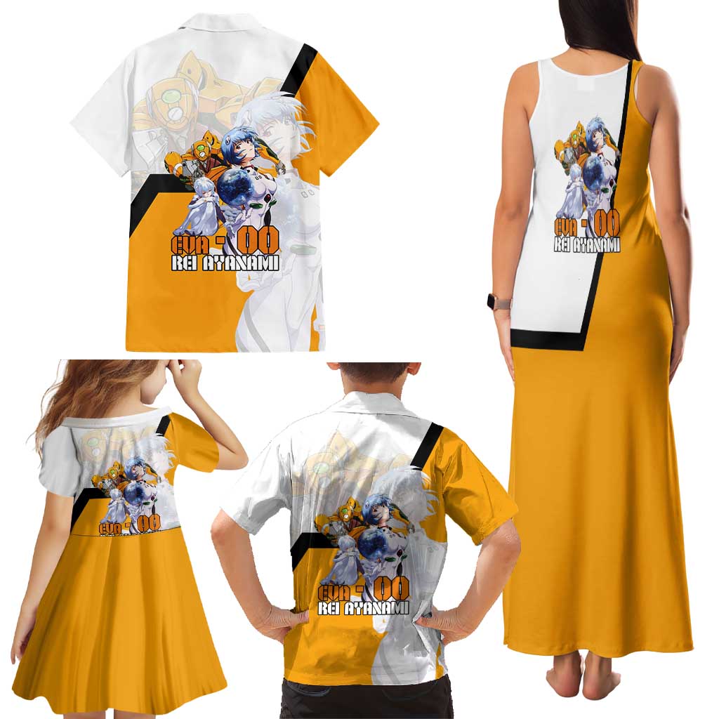 Evangelion EVA-00 and Rei Ayanami Yellow and White Family Matching Tank Maxi Dress and Hawaiian Shirt Design with Mecha and Character Artwork