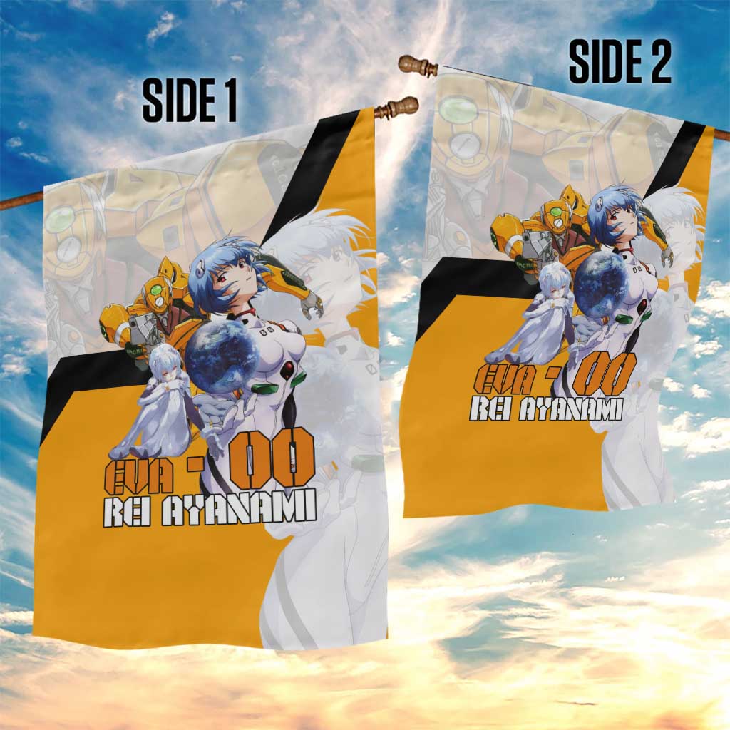 Evangelion EVA-00 and Rei Ayanami Yellow and White Garden Flag Design with Mecha and Character Artwork - The Mazicc