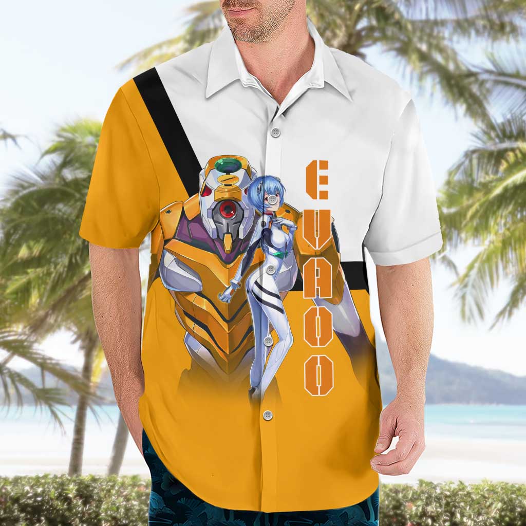 Evangelion EVA-00 and Rei Ayanami Yellow and White Hawaiian Shirt Design with Mecha and Character Artwork - The Mazicc