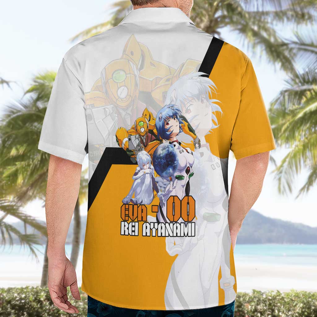 Evangelion EVA-00 and Rei Ayanami Yellow and White Hawaiian Shirt Design with Mecha and Character Artwork - The Mazicc