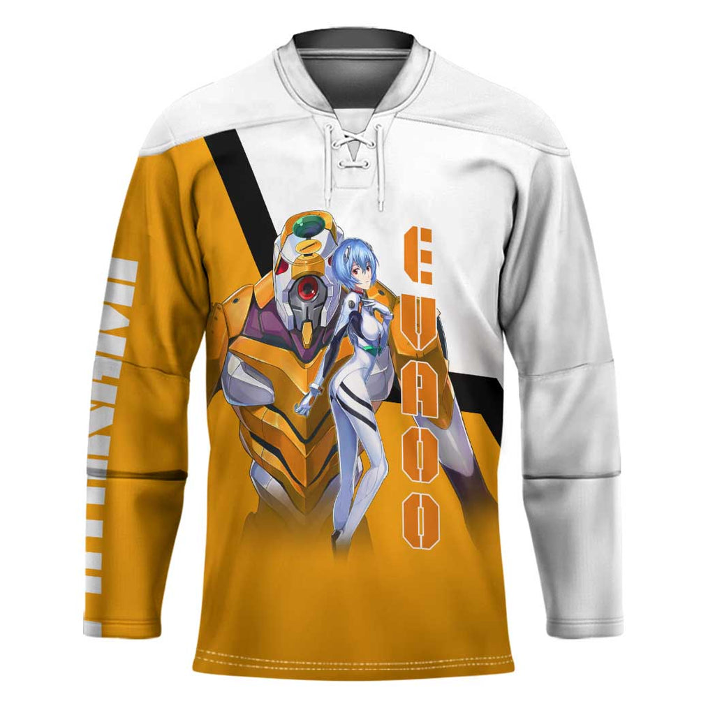 Evangelion EVA-00 and Rei Ayanami Yellow and White Hockey Jersey Design with Mecha and Character Artwork - The Mazicc