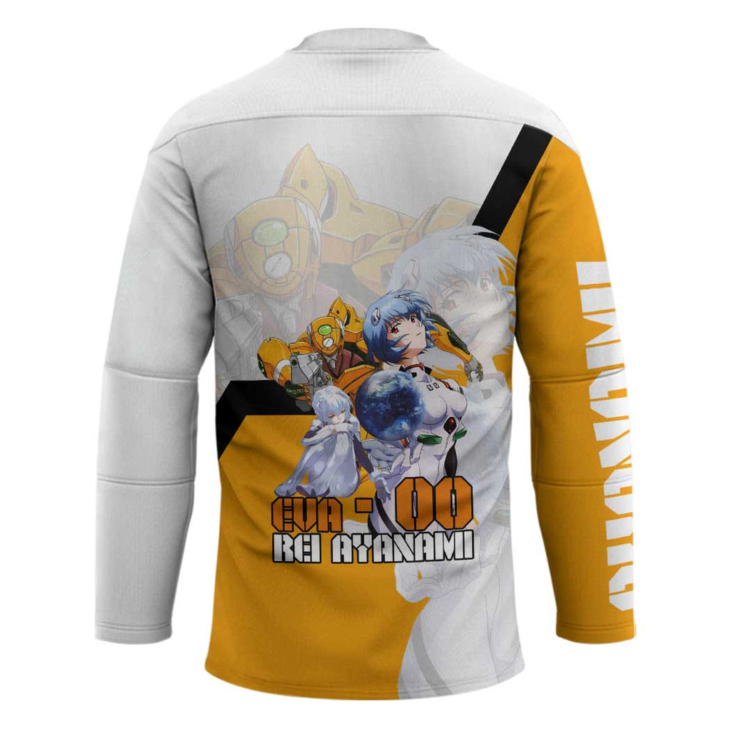 Evangelion EVA-00 and Rei Ayanami Yellow and White Hockey Jersey Design with Mecha and Character Artwork - The Mazicc