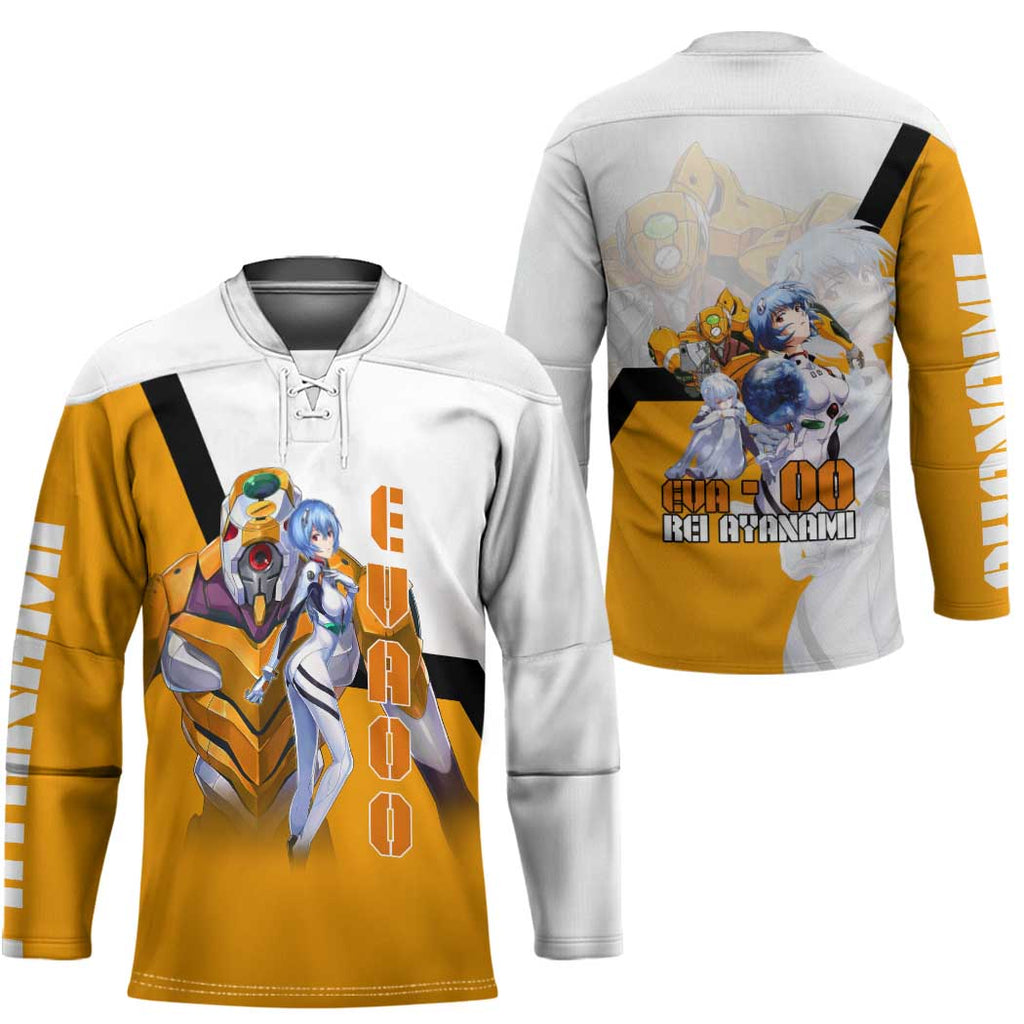 Evangelion EVA-00 and Rei Ayanami Yellow and White Hockey Jersey Design with Mecha and Character Artwork - The Mazicc