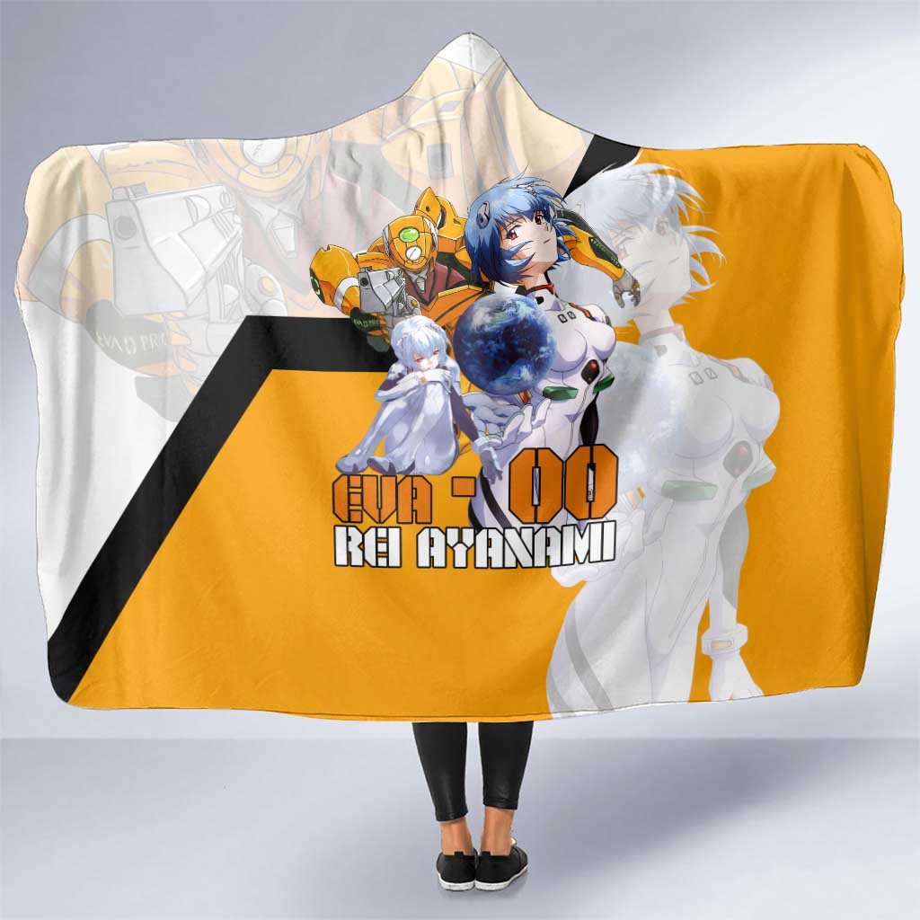 Evangelion EVA-00 and Rei Ayanami Yellow and White Hooded Blanket Design with Mecha and Character Artwork - The Mazicc