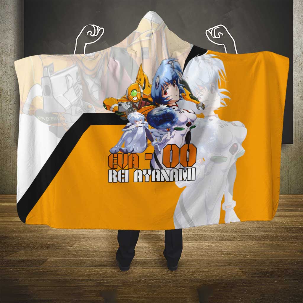 Evangelion EVA-00 and Rei Ayanami Yellow and White Hooded Blanket Design with Mecha and Character Artwork - The Mazicc