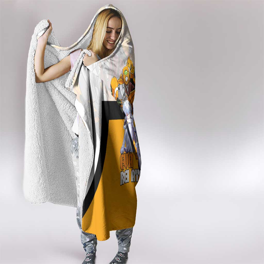 Evangelion EVA-00 and Rei Ayanami Yellow and White Hooded Blanket Design with Mecha and Character Artwork - The Mazicc