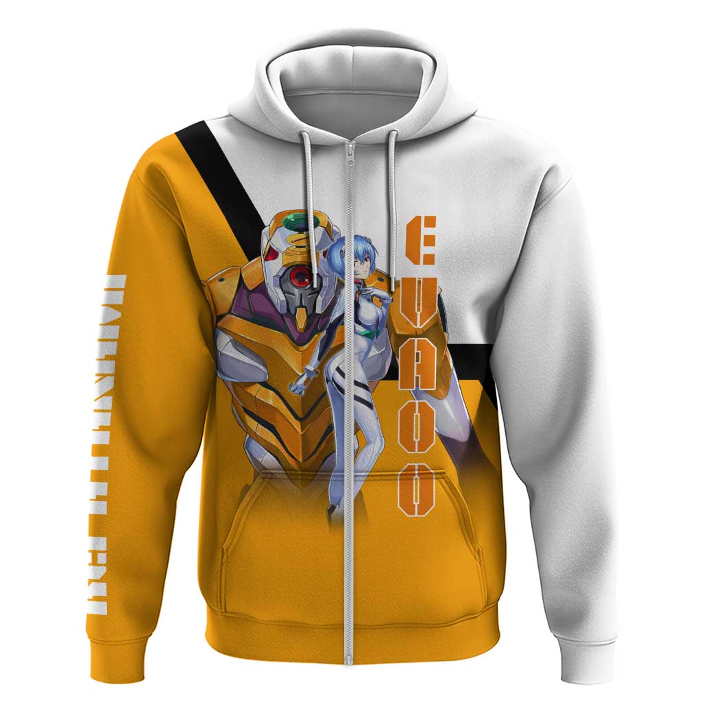 Evangelion EVA-00 and Rei Ayanami Yellow and White Hoodie Design with Mecha and Character Artwork - The Mazicc