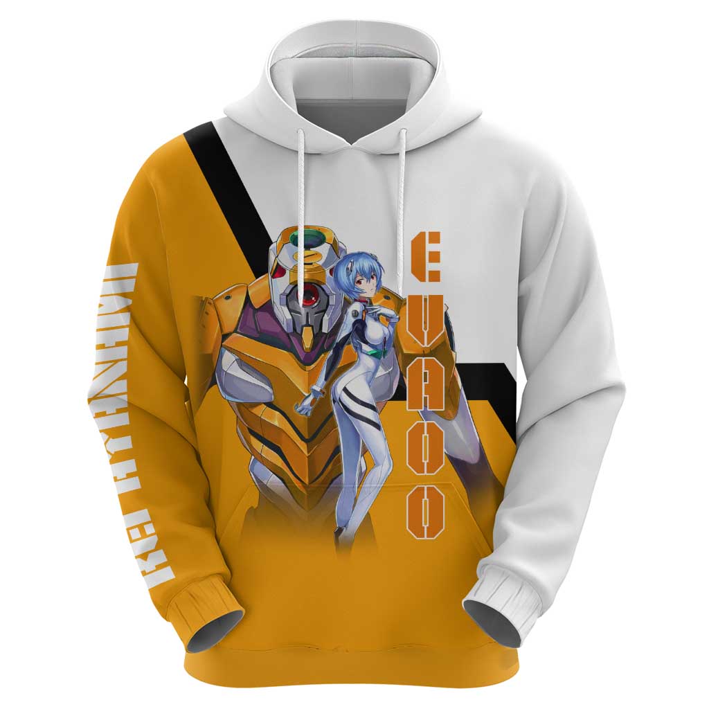 Evangelion EVA-00 and Rei Ayanami Yellow and White Hoodie Design with Mecha and Character Artwork - The Mazicc