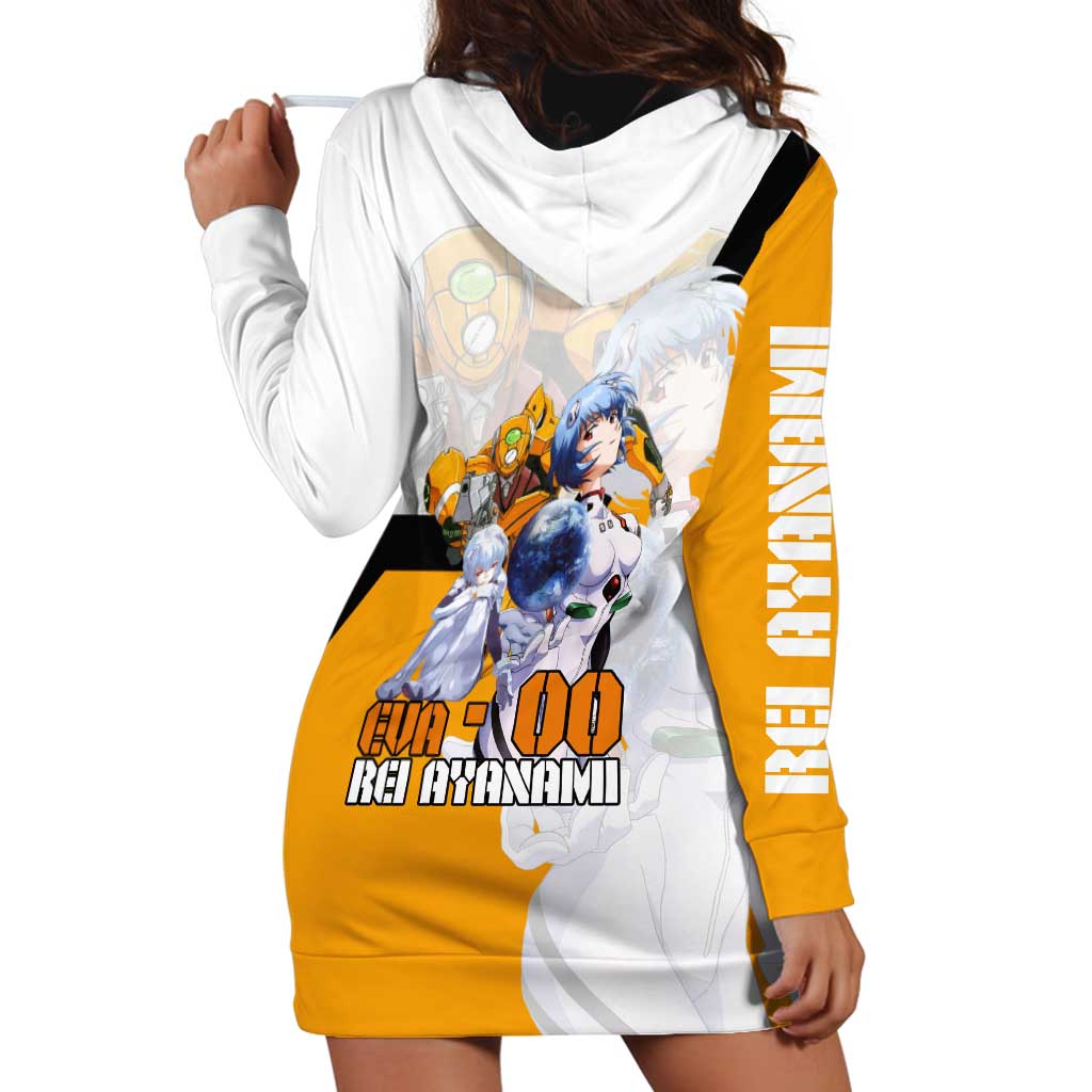 Evangelion EVA-00 and Rei Ayanami Yellow and White Hoodie Dress Design with Mecha and Character Artwork - The Mazicc