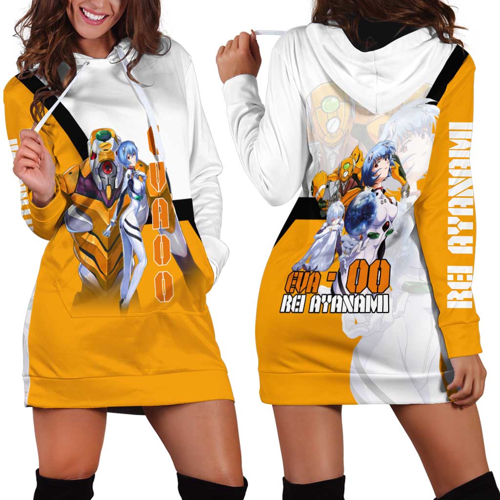 Evangelion EVA-00 and Rei Ayanami Yellow and White Hoodie Dress Design with Mecha and Character Artwork - The Mazicc