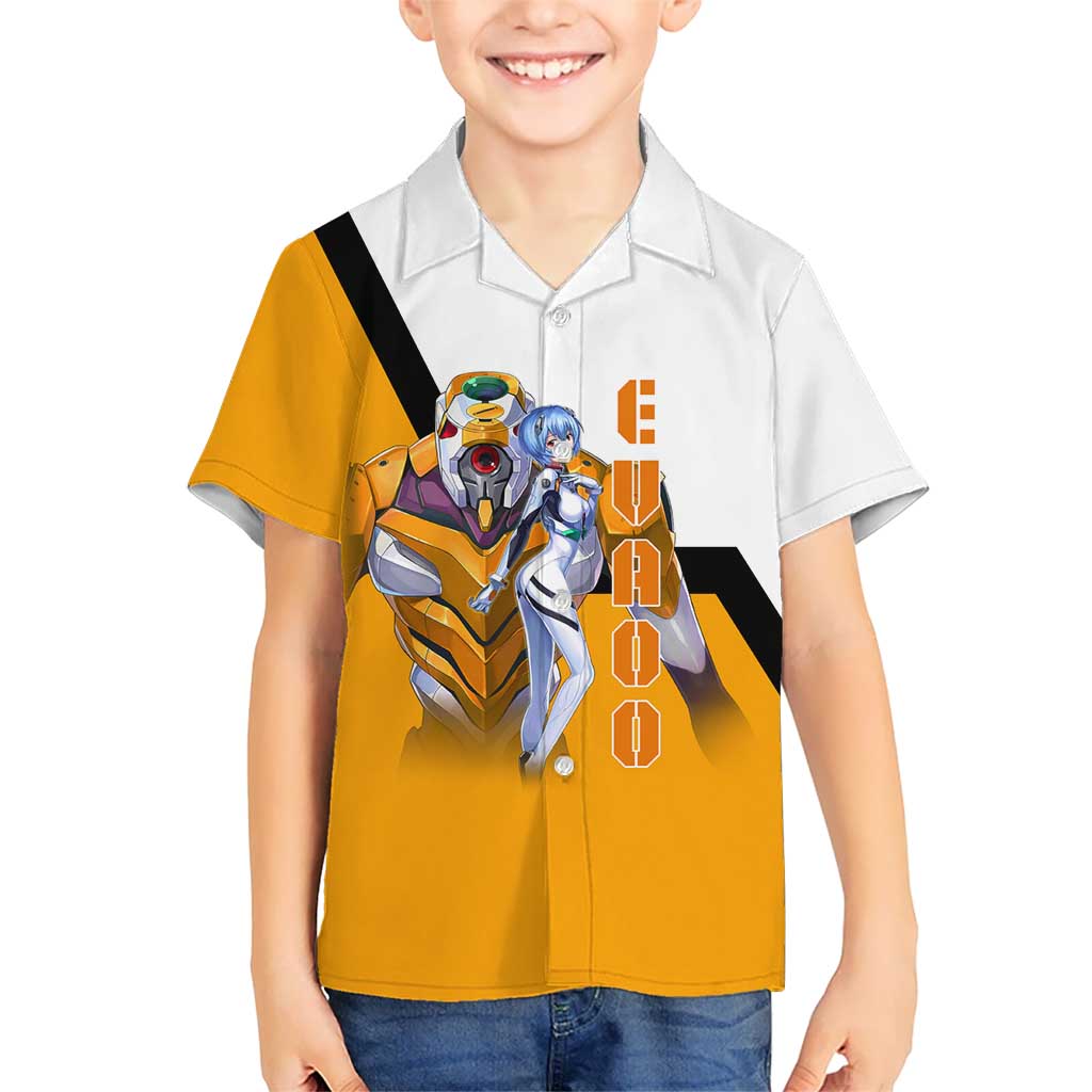 Evangelion EVA-00 and Rei Ayanami Yellow and White Kid Hawaiian Shirt Design with Mecha and Character Artwork - The Mazicc