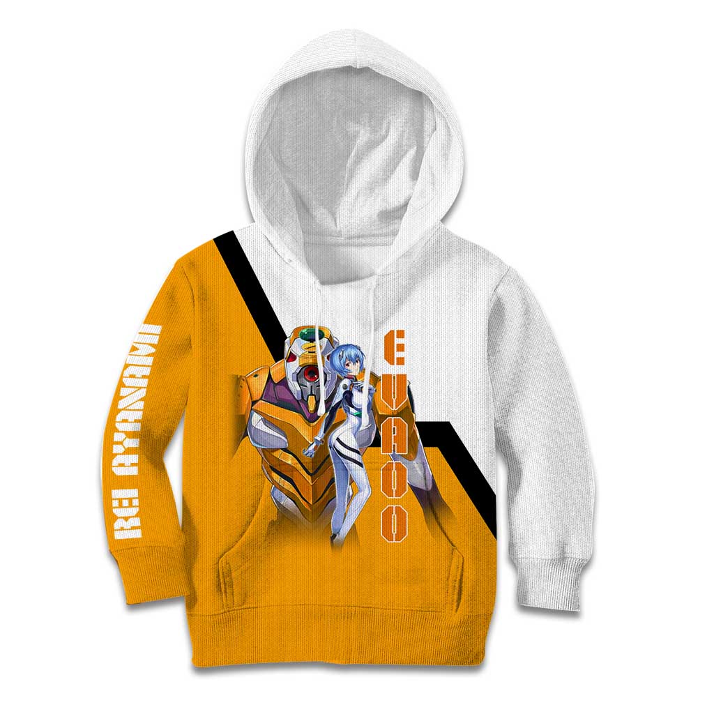 Evangelion EVA-00 and Rei Ayanami Yellow and White Kid Hoodie Design with Mecha and Character Artwork - The Mazicc