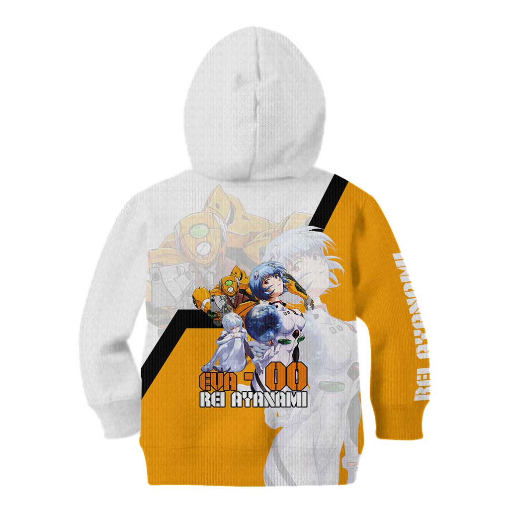 Evangelion EVA-00 and Rei Ayanami Yellow and White Kid Hoodie Design with Mecha and Character Artwork - The Mazicc
