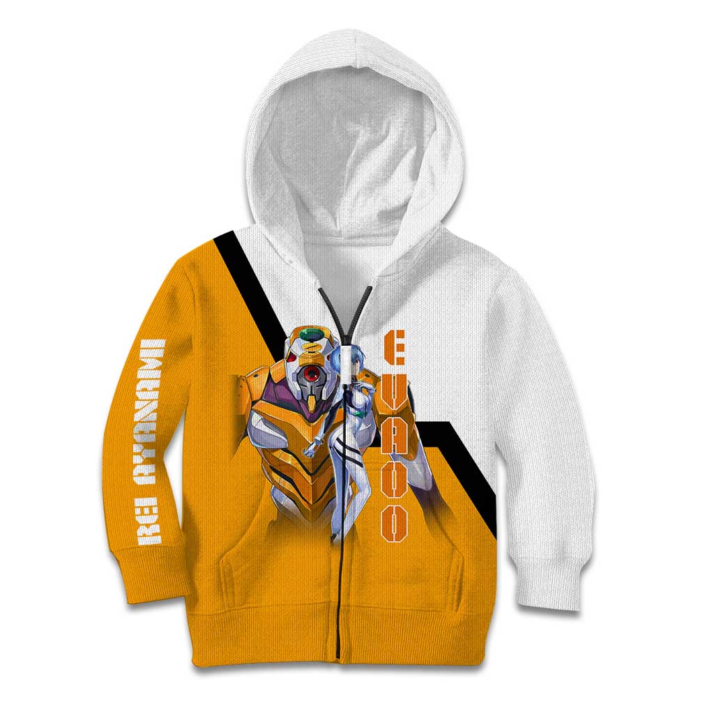 Evangelion EVA-00 and Rei Ayanami Yellow and White Kid Hoodie Design with Mecha and Character Artwork - The Mazicc