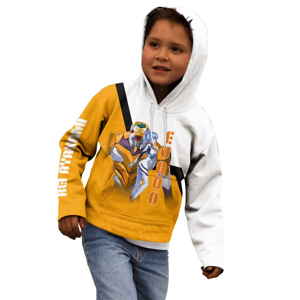 Evangelion EVA-00 and Rei Ayanami Yellow and White Kid Hoodie Design with Mecha and Character Artwork - The Mazicc