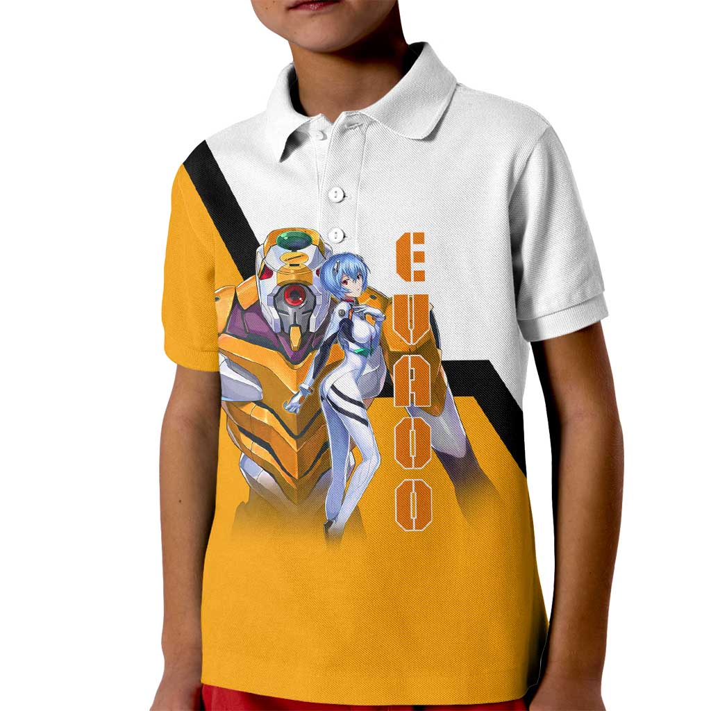 Evangelion EVA-00 and Rei Ayanami Yellow and White Kid Polo Shirt Design with Mecha and Character Artwork - The Mazicc