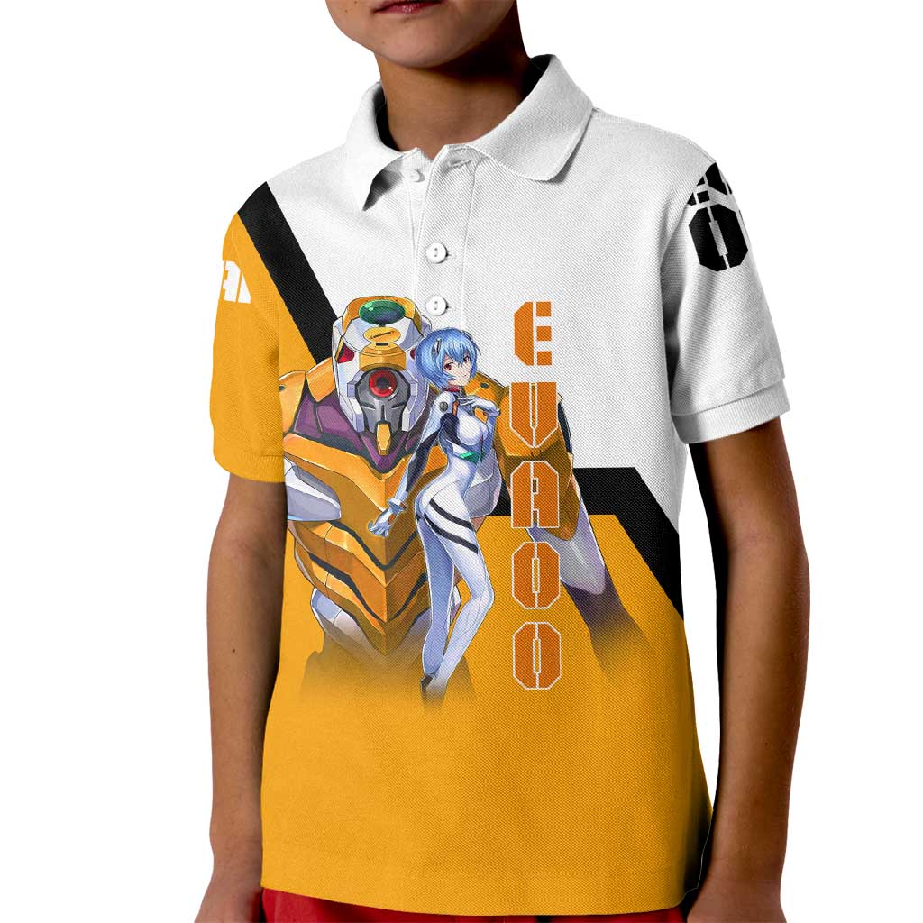 Evangelion EVA-00 and Rei Ayanami Yellow and White Kid Polo Shirt Design with Mecha and Character Artwork - The Mazicc