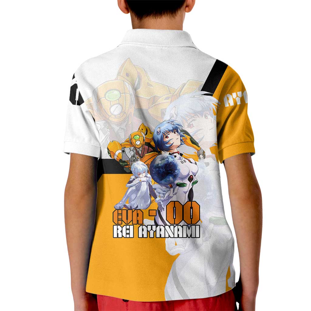 Evangelion EVA-00 and Rei Ayanami Yellow and White Kid Polo Shirt Design with Mecha and Character Artwork - The Mazicc