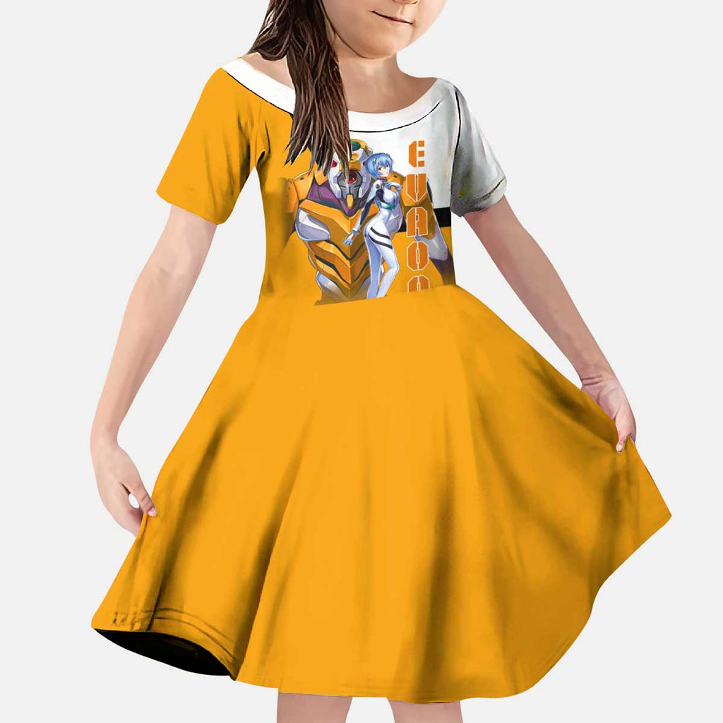Evangelion EVA-00 and Rei Ayanami Yellow and White Kid Short Sleeve Dress Design with Mecha and Character Artwork - The Mazicc