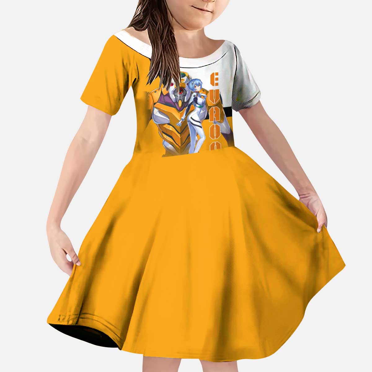 Evangelion EVA-00 and Rei Ayanami Yellow and White Kid Short Sleeve Dress Design with Mecha and Character Artwork - The Mazicc