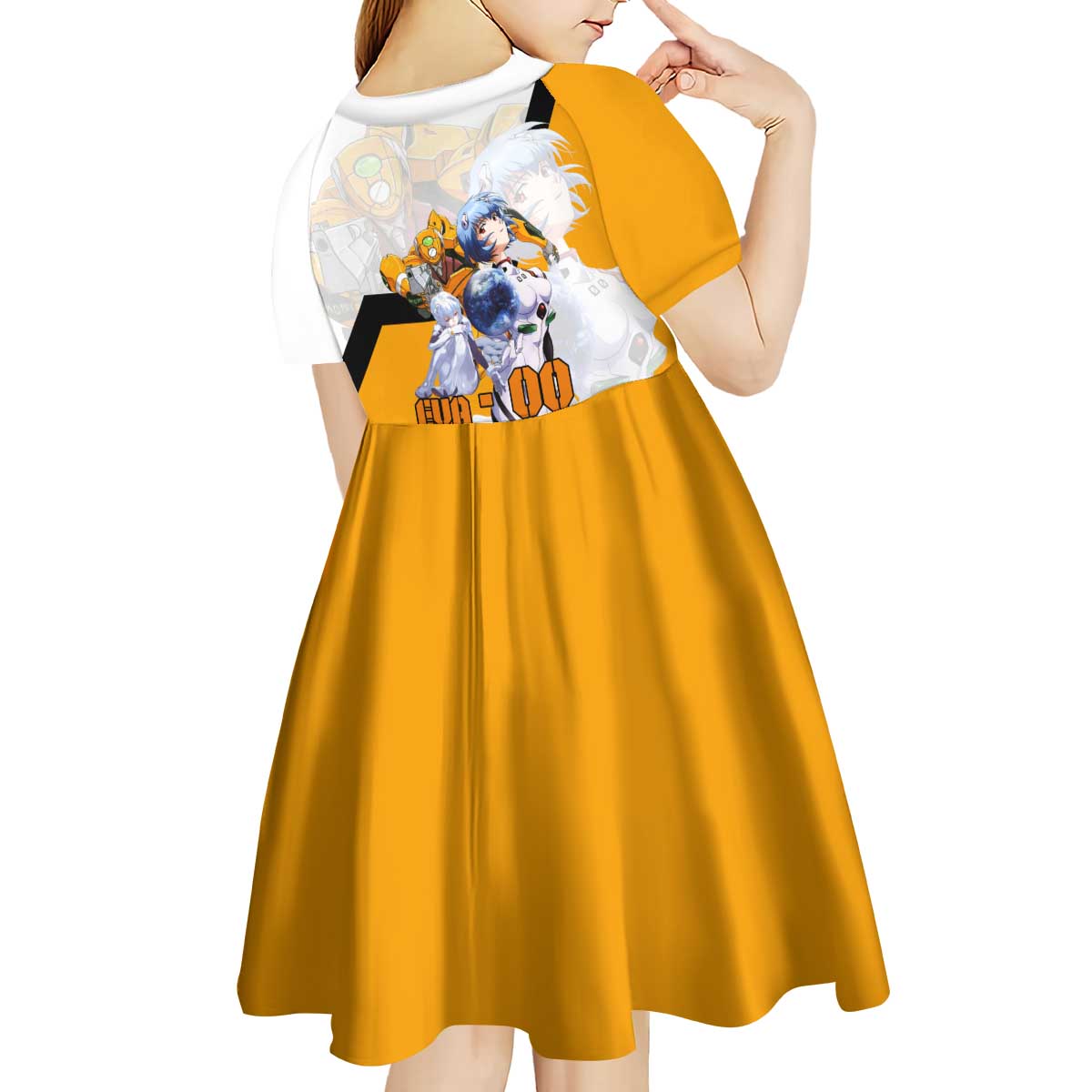 Evangelion EVA-00 and Rei Ayanami Yellow and White Kid Short Sleeve Dress Design with Mecha and Character Artwork - The Mazicc