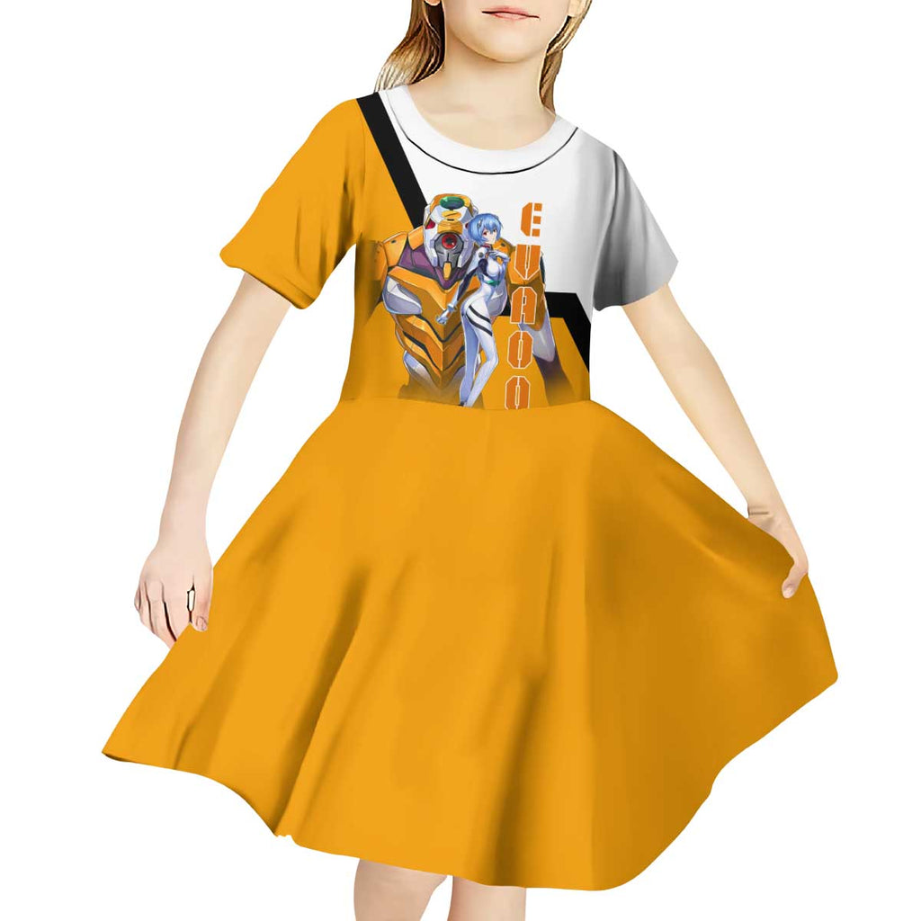 Evangelion EVA-00 and Rei Ayanami Yellow and White Kid Short Sleeve Dress Design with Mecha and Character Artwork - The Mazicc