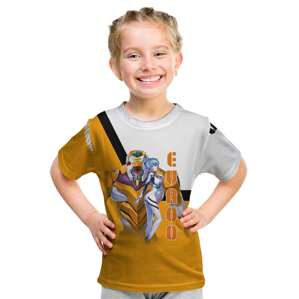 Evangelion EVA-00 and Rei Ayanami Yellow and White Kid T Shirt Design with Mecha and Character Artwork - The Mazicc
