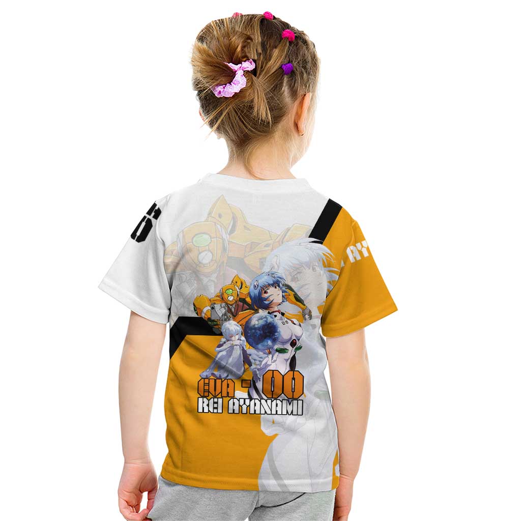 Evangelion EVA-00 and Rei Ayanami Yellow and White Kid T Shirt Design with Mecha and Character Artwork - The Mazicc
