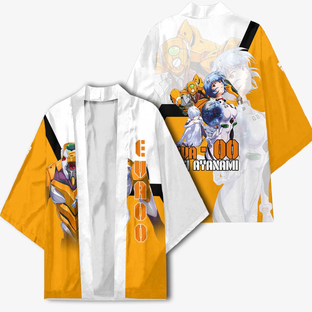 Evangelion EVA-00 and Rei Ayanami Yellow and White Kimono Design with Mecha and Character Artwork - The Mazicc