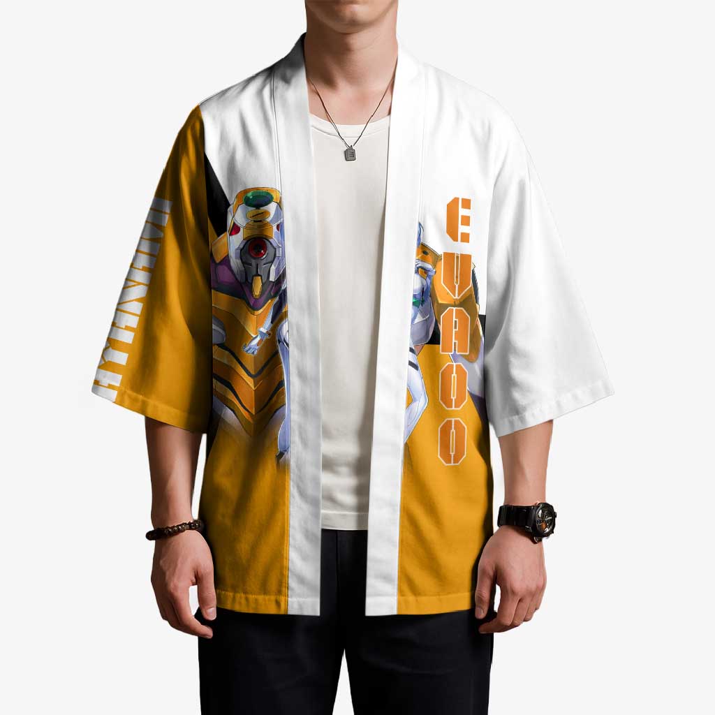 Evangelion EVA-00 and Rei Ayanami Yellow and White Kimono Design with Mecha and Character Artwork - The Mazicc