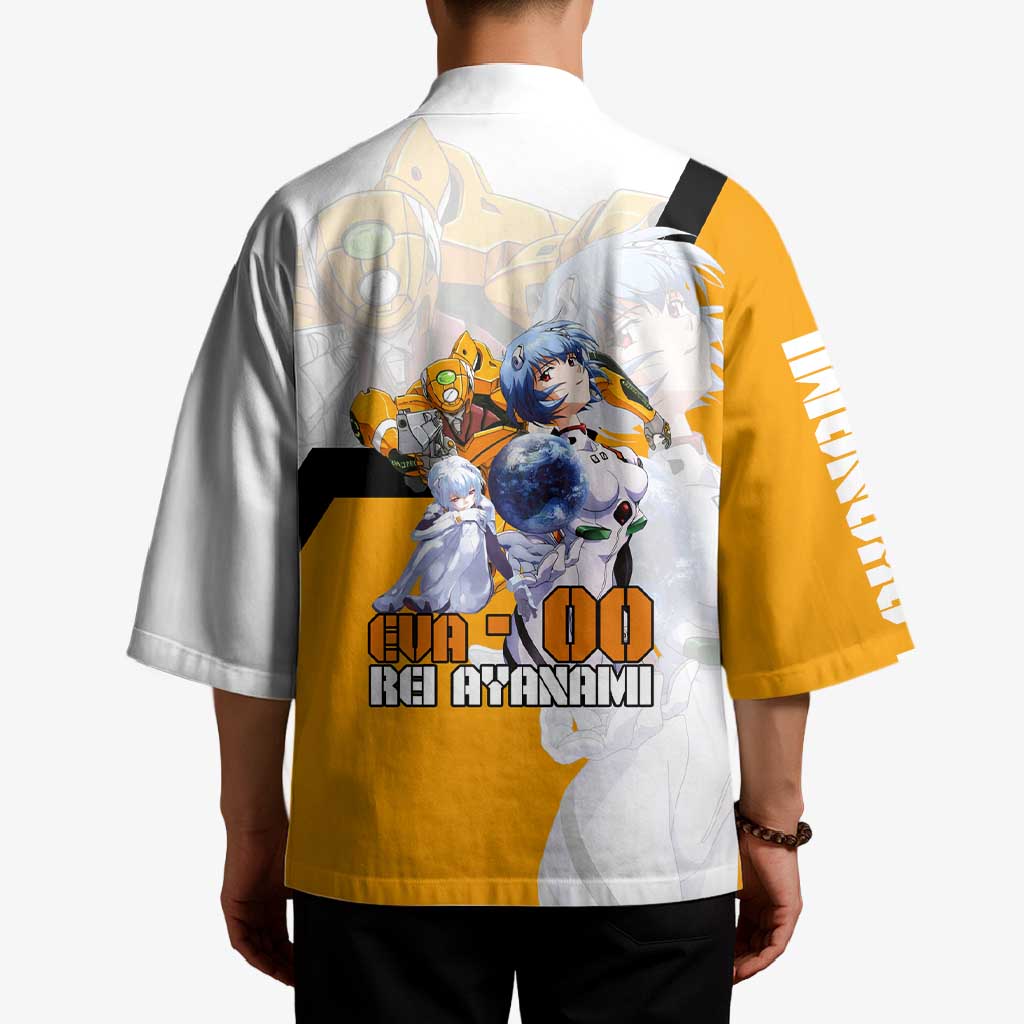 Evangelion EVA-00 and Rei Ayanami Yellow and White Kimono Design with Mecha and Character Artwork - The Mazicc