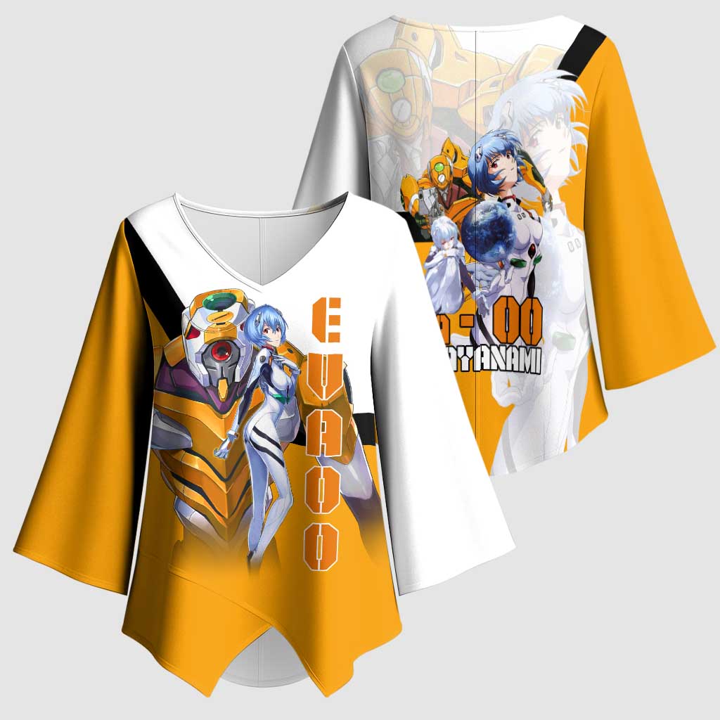 Evangelion EVA-00 and Rei Ayanami Yellow and White Kimono Sleeve Blouse Design with Mecha and Character Artwork - The Mazicc