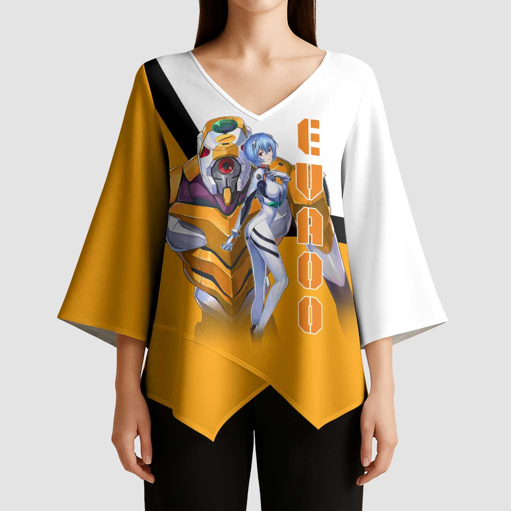 Evangelion EVA-00 and Rei Ayanami Yellow and White Kimono Sleeve Blouse Design with Mecha and Character Artwork - The Mazicc