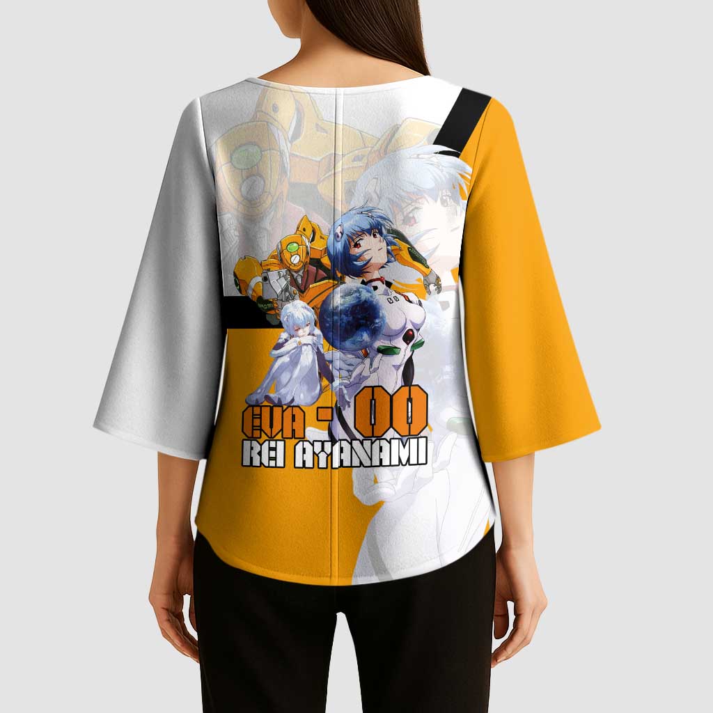 Evangelion EVA-00 and Rei Ayanami Yellow and White Kimono Sleeve Blouse Design with Mecha and Character Artwork - The Mazicc
