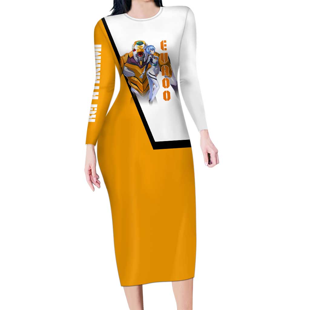 Evangelion EVA-00 and Rei Ayanami Yellow and White Long Sleeve Bodycon Dress Design with Mecha and Character Artwork - The Mazicc