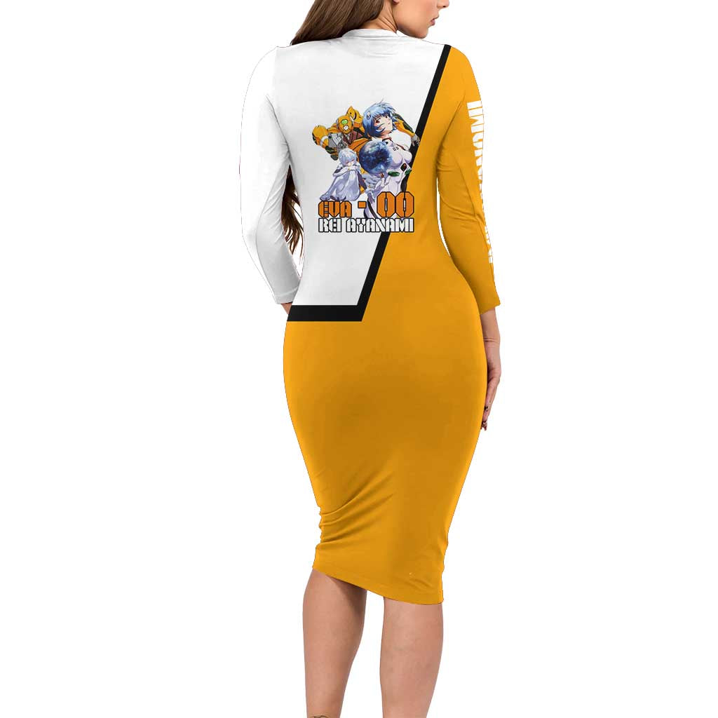 Evangelion EVA-00 and Rei Ayanami Yellow and White Long Sleeve Bodycon Dress Design with Mecha and Character Artwork - The Mazicc