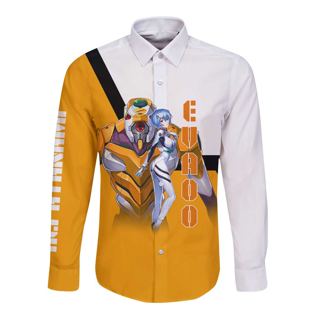 Evangelion EVA-00 and Rei Ayanami Yellow and White Long Sleeve Button Shirt Design with Mecha and Character Artwork - The Mazicc