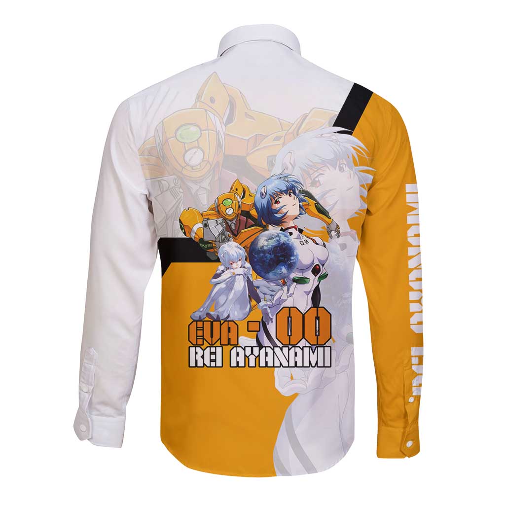Evangelion EVA-00 and Rei Ayanami Yellow and White Long Sleeve Button Shirt Design with Mecha and Character Artwork - The Mazicc