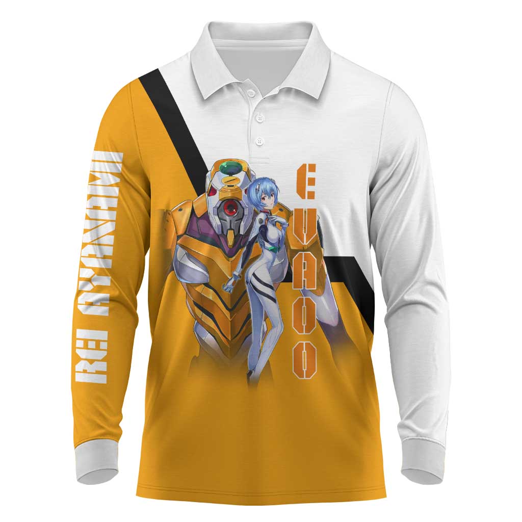 Evangelion EVA-00 and Rei Ayanami Yellow and White Long Sleeve Polo Shirt Design with Mecha and Character Artwork - The Mazicc
