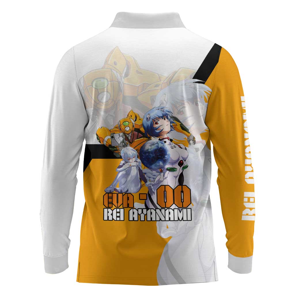 Evangelion EVA-00 and Rei Ayanami Yellow and White Long Sleeve Polo Shirt Design with Mecha and Character Artwork - The Mazicc