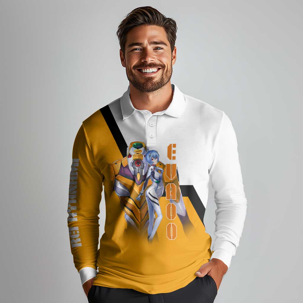 Evangelion EVA-00 and Rei Ayanami Yellow and White Long Sleeve Polo Shirt Design with Mecha and Character Artwork - The Mazicc