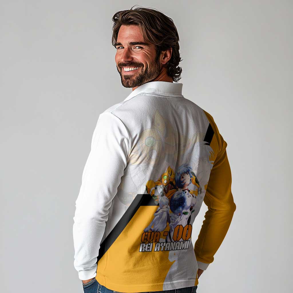Evangelion EVA-00 and Rei Ayanami Yellow and White Long Sleeve Polo Shirt Design with Mecha and Character Artwork - The Mazicc