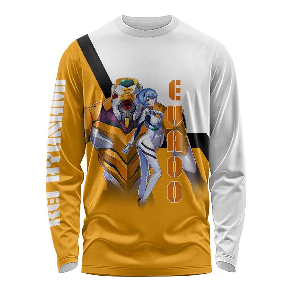 Evangelion EVA-00 and Rei Ayanami Yellow and White Long Sleeve Shirt Design with Mecha and Character Artwork - The Mazicc
