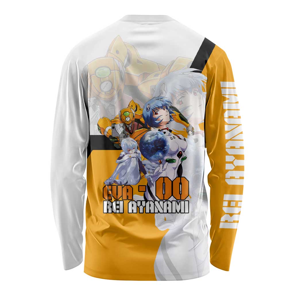 Evangelion EVA-00 and Rei Ayanami Yellow and White Long Sleeve Shirt Design with Mecha and Character Artwork - The Mazicc