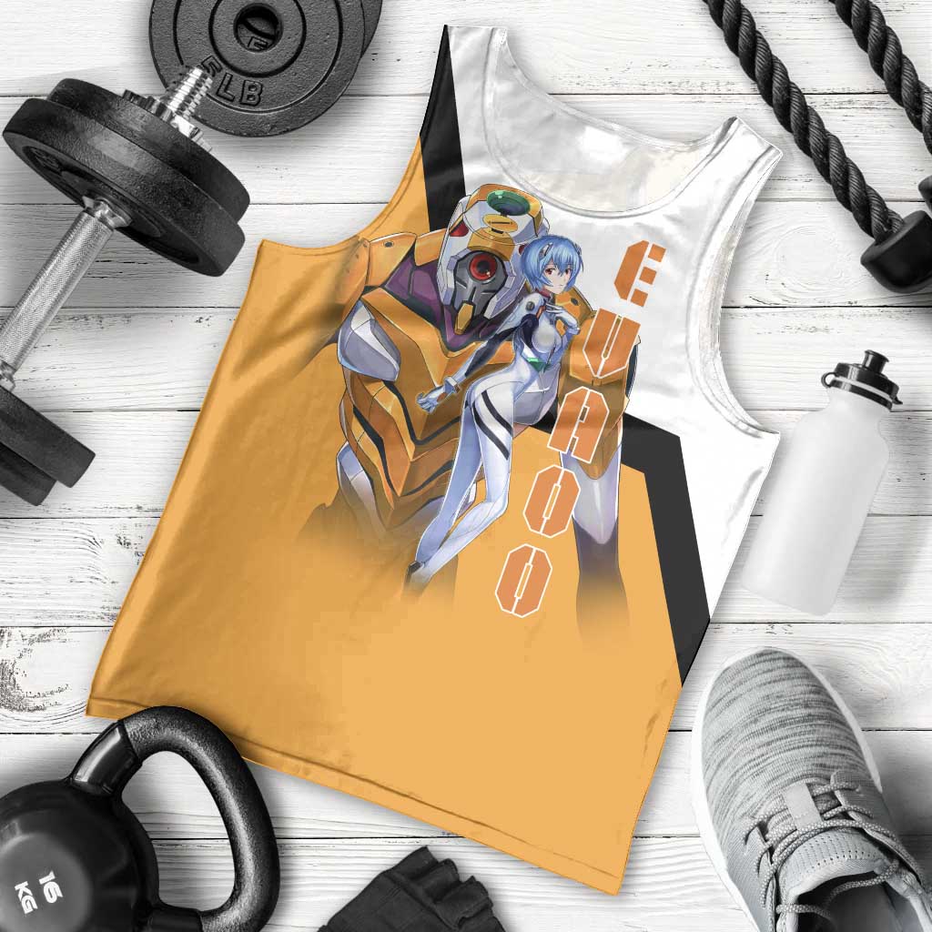 Evangelion EVA-00 and Rei Ayanami Yellow and White Men Tank Top Design with Mecha and Character Artwork - The Mazicc