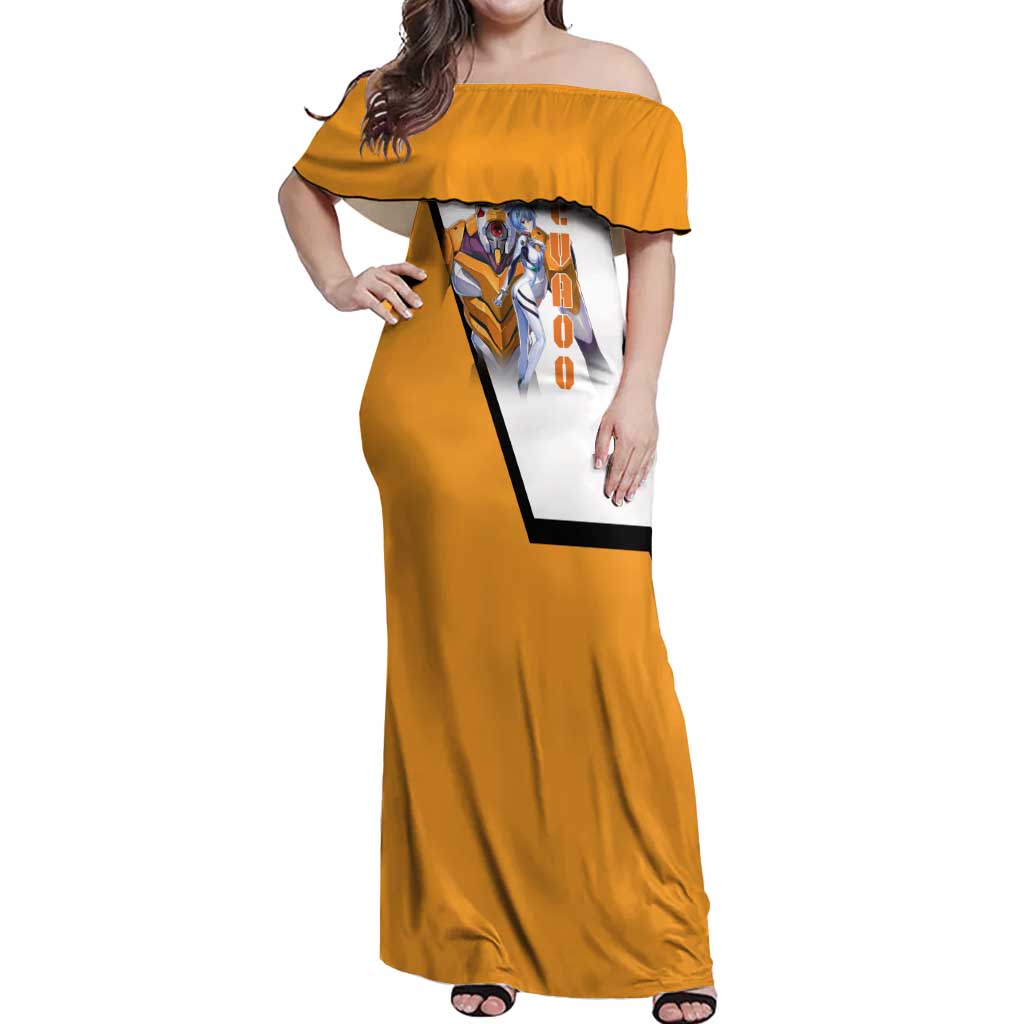 Evangelion EVA-00 and Rei Ayanami Yellow and White Off Shoulder Maxi Dress Design with Mecha and Character Artwork - The Mazicc