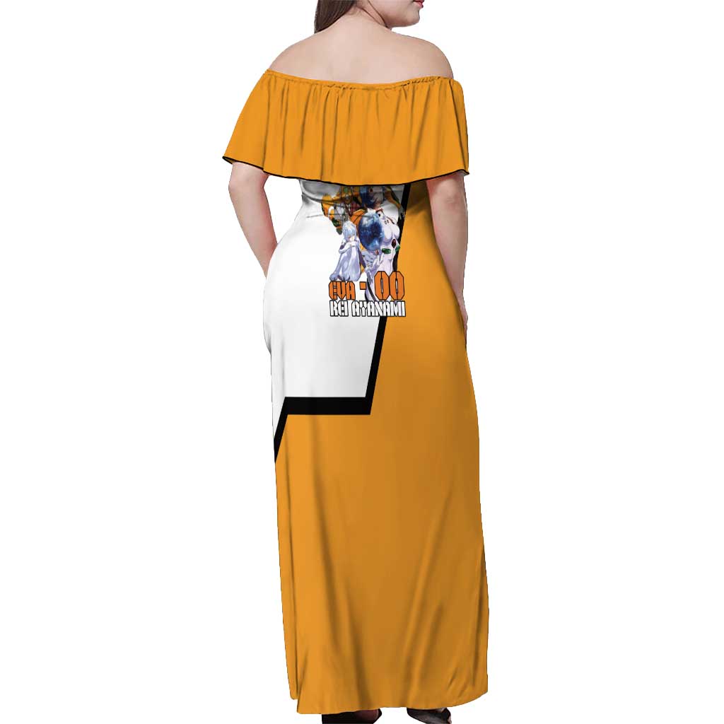 Evangelion EVA-00 and Rei Ayanami Yellow and White Off Shoulder Maxi Dress Design with Mecha and Character Artwork - The Mazicc