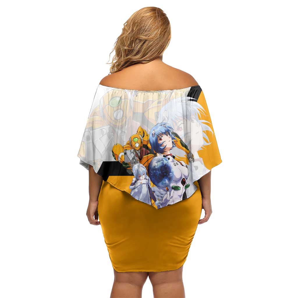 Evangelion EVA-00 and Rei Ayanami Yellow and White Off Shoulder Short Dress Design with Mecha and Character Artwork - The Mazicc