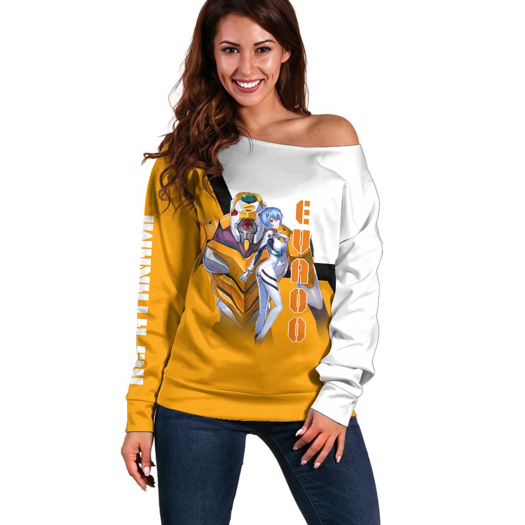 Evangelion EVA-00 and Rei Ayanami Yellow and White Off Shoulder Sweater Design with Mecha and Character Artwork - The Mazicc
