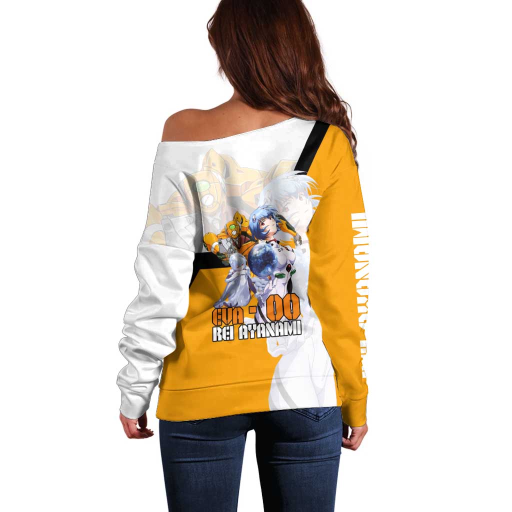 Evangelion EVA-00 and Rei Ayanami Yellow and White Off Shoulder Sweater Design with Mecha and Character Artwork - The Mazicc